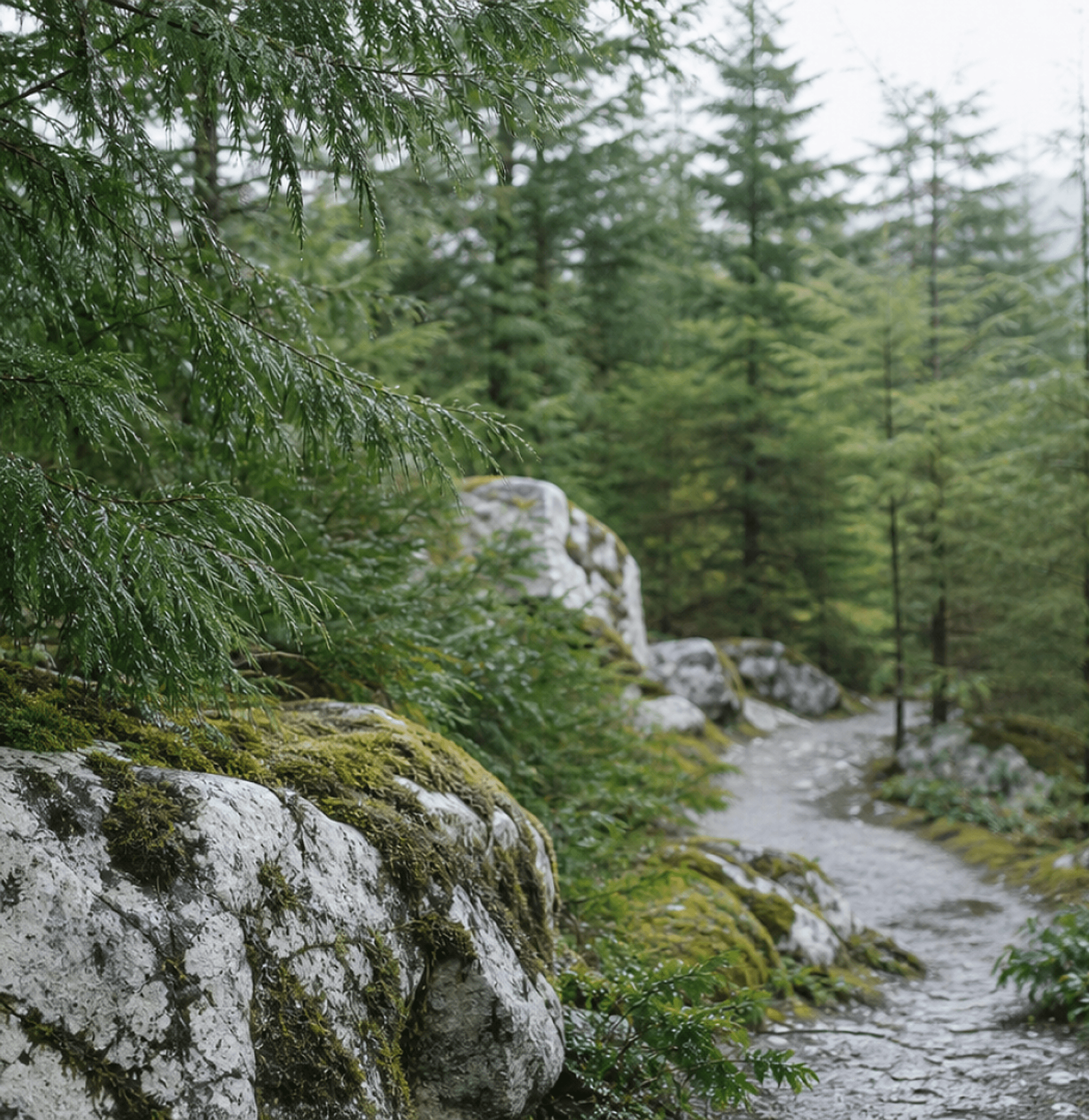 A rain-washed trail through a mossy temperate forest