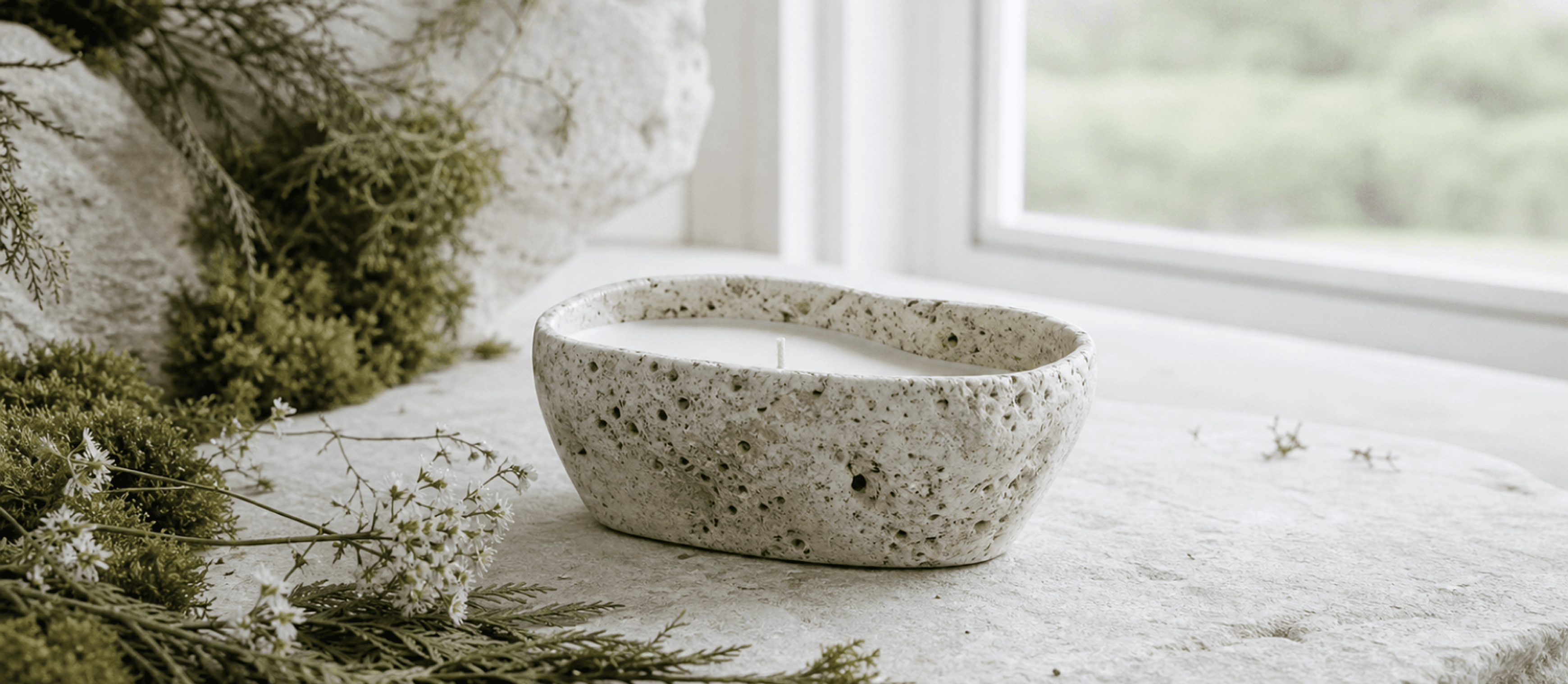 A natural stone candle beside moss and a rain-washed window