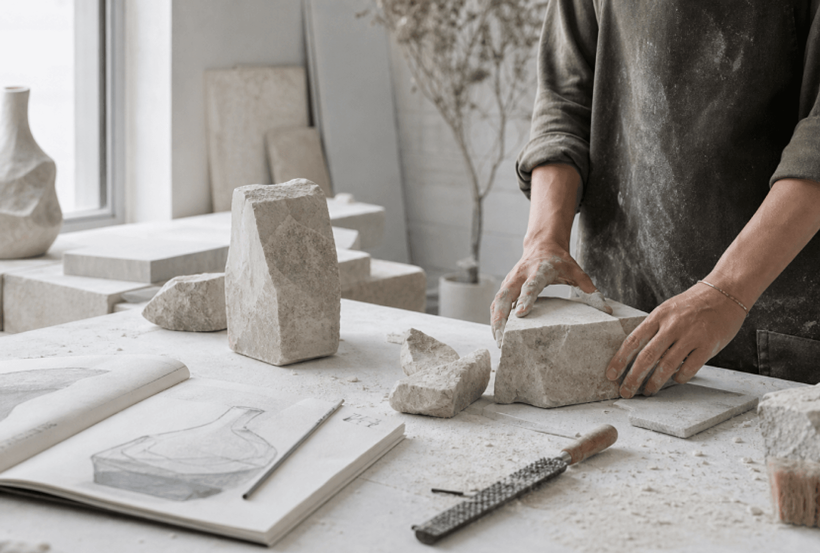 Hands shaping stone pieces in the studio