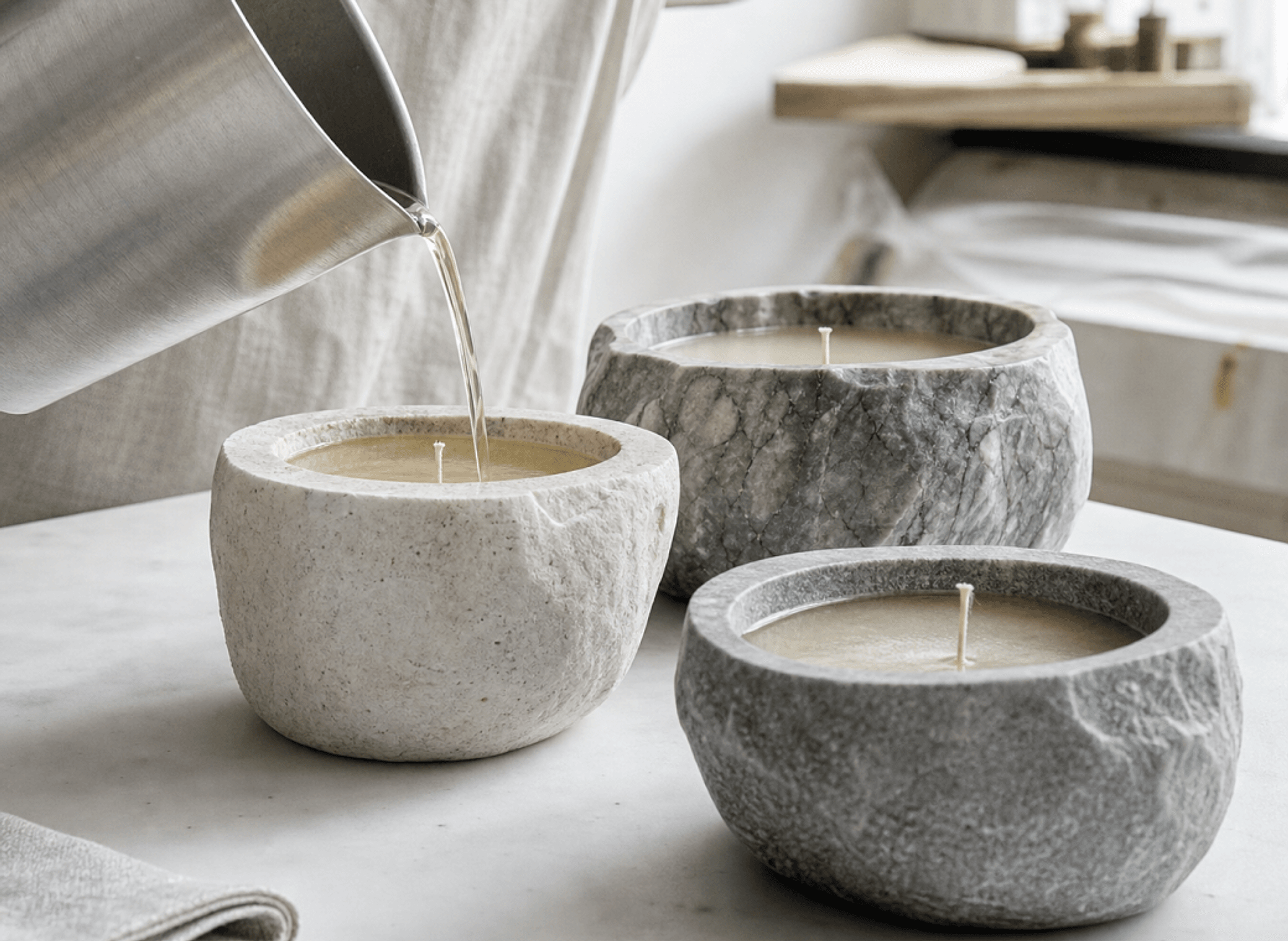 Botanical wax being poured into stone candles