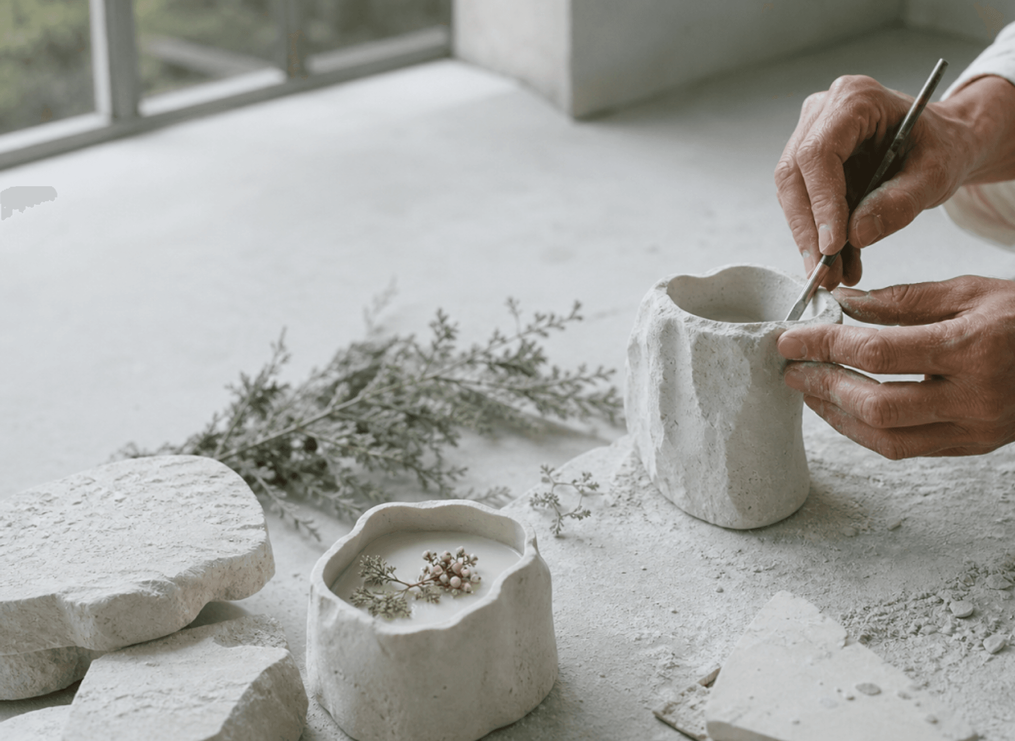 Hands shaping an irregular stone vessel