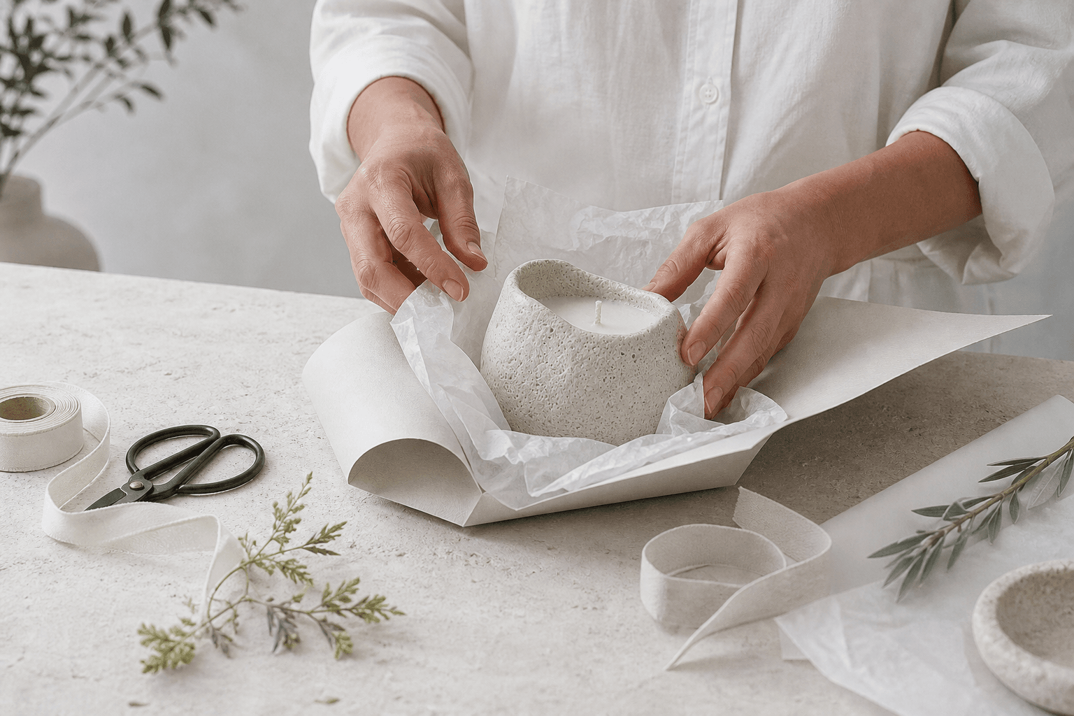 Hands wrapping a stone candle slowly in its gift box