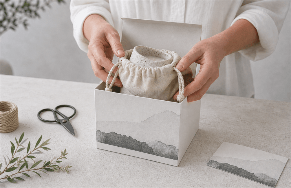 Hands wrapping a stone candle slowly in its gift box