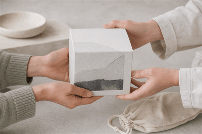 A personal gift note held above a stone candle box