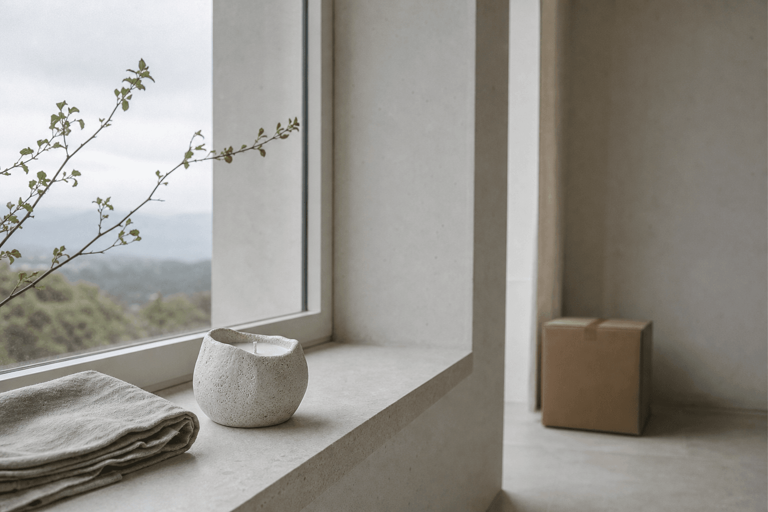 Stone candle and gift box in a quiet new home