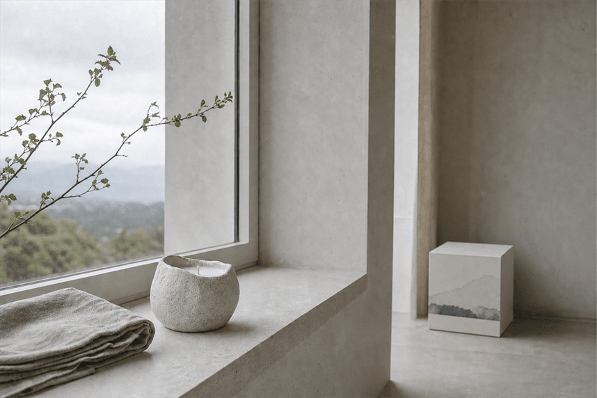 Stone candle and gift box in a quiet new home