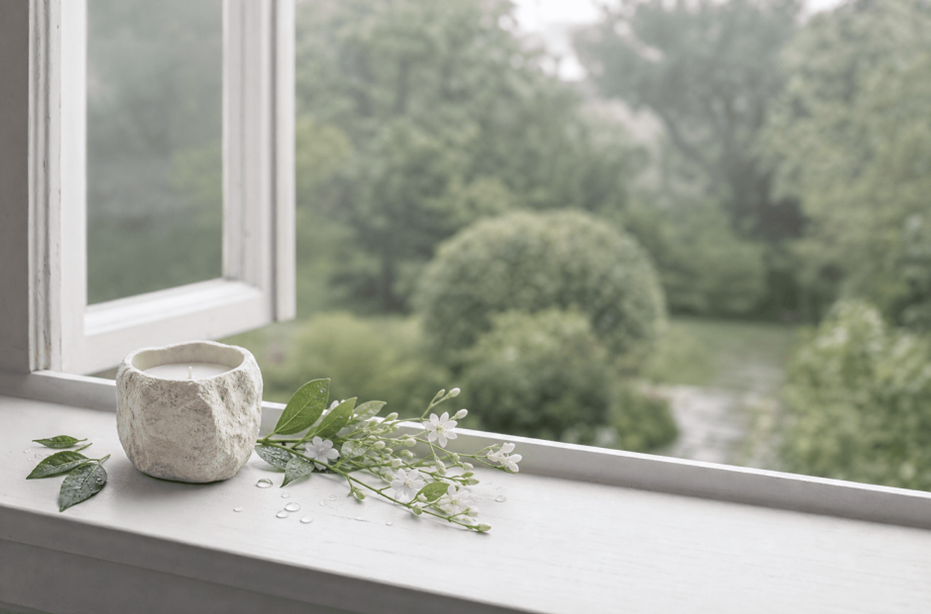A stone candle beside a rain-washed garden