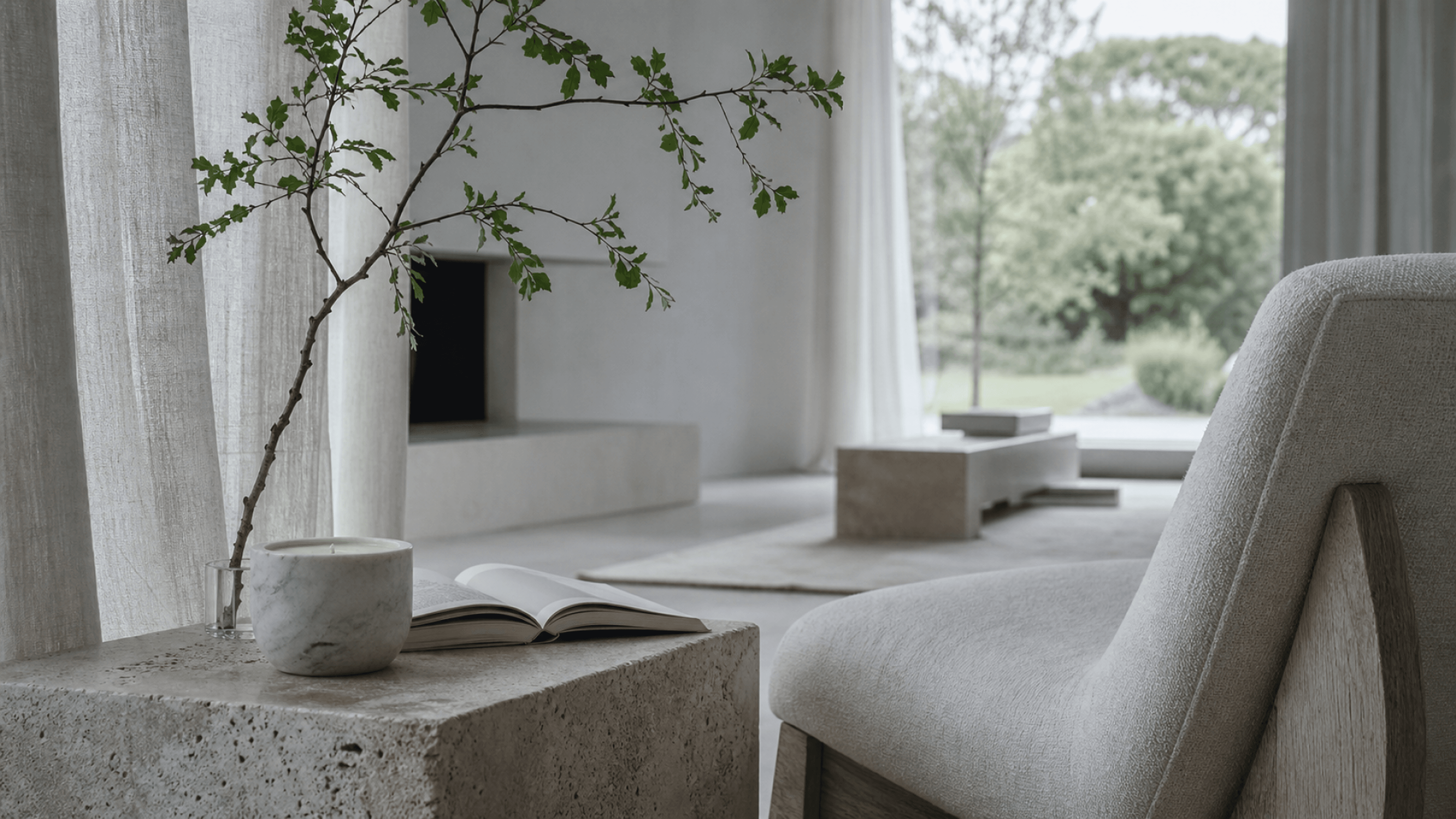 A quiet stone-and-linen interior prepared for a daily scent ritual