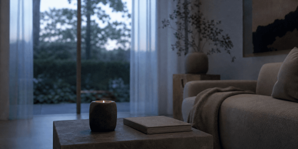 A room settling into evening beside a candle